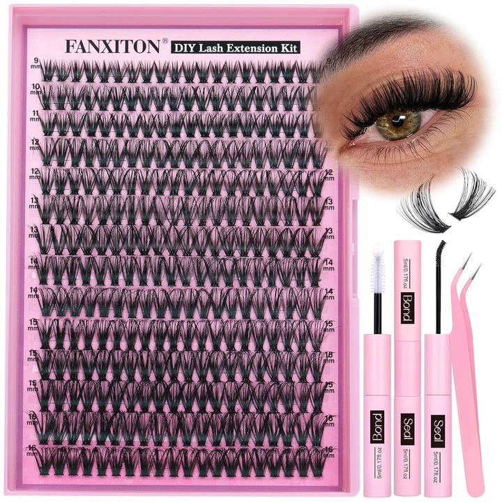 DIY Lash Extension Kit Volume Lash Clusters 40D+50D D Curvature Individual Lashes Lash Clusters Kit Thick Eyelash Extension Kit 280 Pcs Thin Band Cluster Lashes Lash Bond and Seal Tweezers