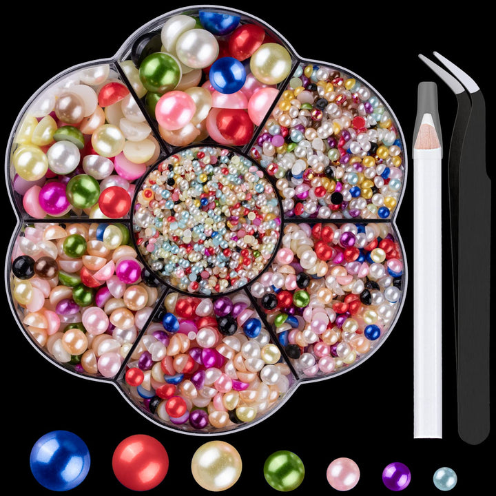 Nail Art Flat Back Half round Pearl Kits 3, Mixed Sizes 6000 Pcs White Small Pearls for Nails with Picking Tools for Graduation Cap Decorations Home DIY Body Face Craft Salon Use