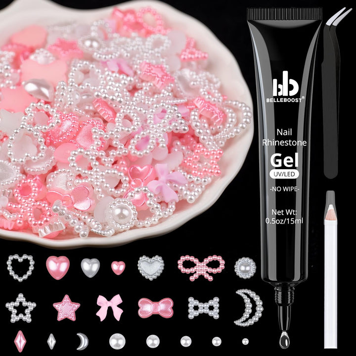 1200Pcs 3D Multi Shapes Nail Charms and Flatback Pearls, White&Pink Mix Styles Heart Star Bow Sunflower Embellishments for Nail Art, Craft and Decoration with Tweezer and Pickup Pencil