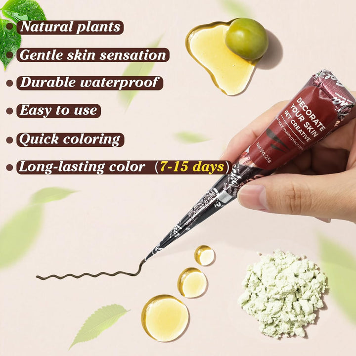 Brown Temporary Tattoo Kit,Temporary Tattoos Stencils Kit (3Pcs Brown Tattoo Cones 4 Reusable Templates 1Pcs Tattoo Outline Pen)， Waterproof,Diy Body Art for Women Men