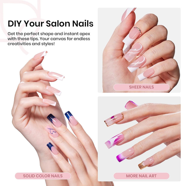 Beetles Tipex Nail Kit, Square Medium Nail Tips 224 Pcs 16 Sizes Pre-Etched Fake Nails with Tipex Nail Glue Mini Nail Lamp - Thick Acrylic Nail Set Pre-Builder Gel Press-On Nails