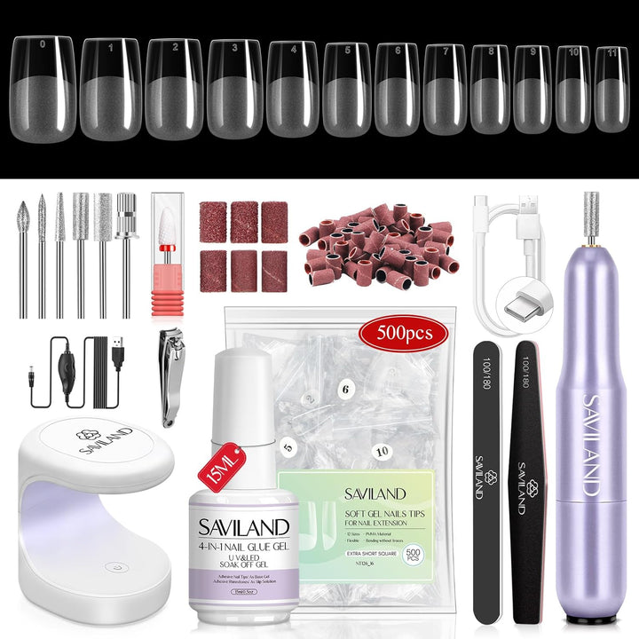 Acrylic Nail Starter Kit: Clear Pink Nude Acrylic Powder & Liquid, Brush, Files, Forms, Press on Nails, Home Practice Set