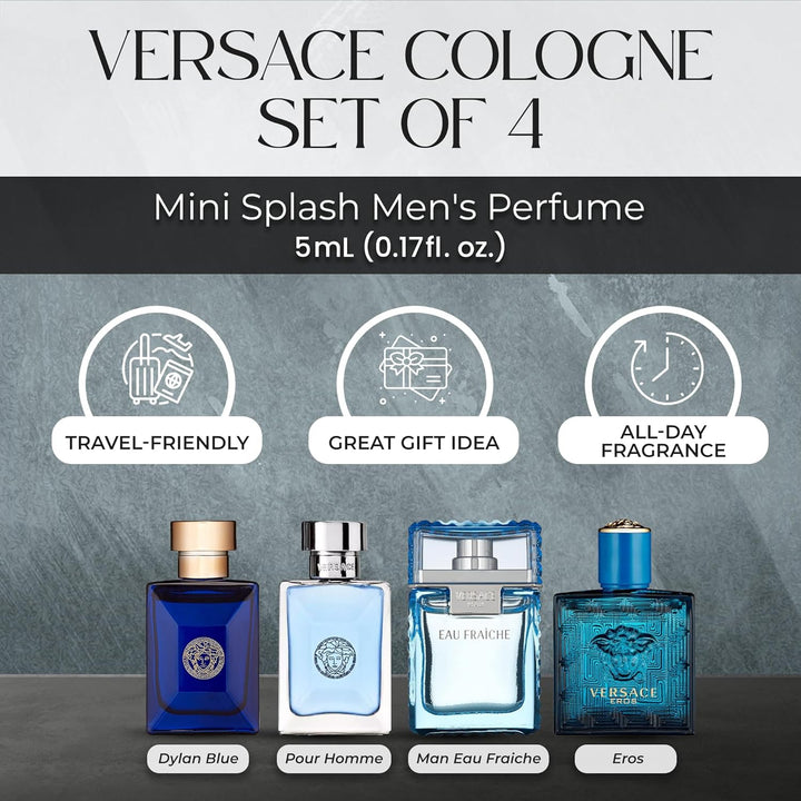 Cologne for Men Set of 4 Mini Eros, Pour Homme, Dylan Blue, Eau Fraiche Perfume for Men Fragrance Sampler Set - Designer Mens Cologne Samples (4 Count, 0.17 Oz)