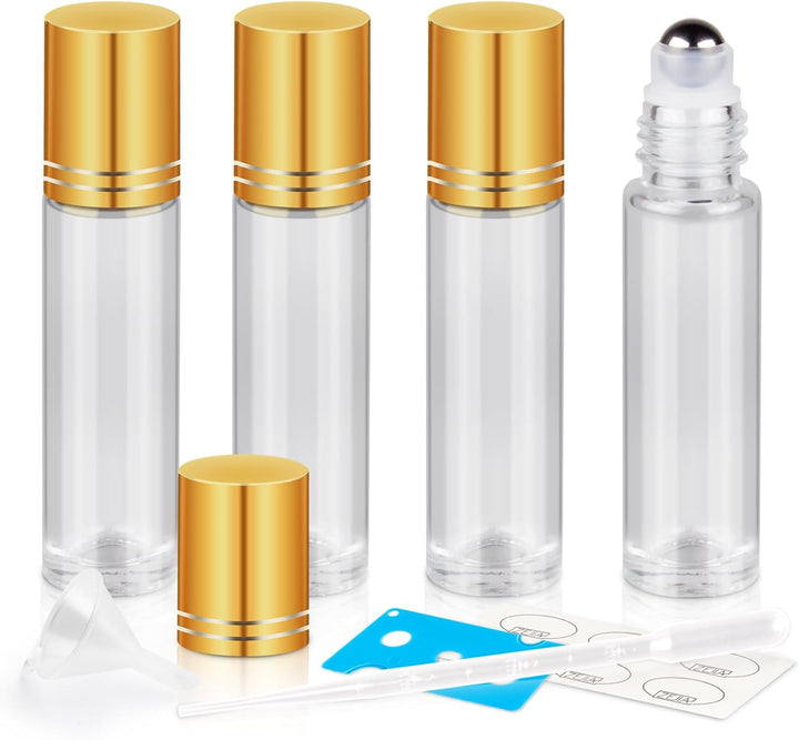 10Ml Roller Bottles for Essential Oils, 4 Pack Glass Roll on Bottles, Refillable Perfume Bottle, with Stainless Steel Roller Balls, 2 Droppers, 1 Opener, Labels (Amber)