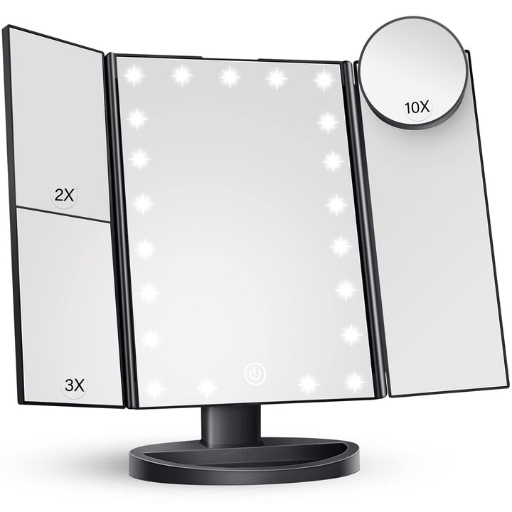 Makeup Mirror Vanity Mirror with Lights, 2X, 3X, 10X Magnification, Touch Control, Trifold, White, 9.4" L X 13.4" W, Modern Style, Dresser Mount, Bathroom