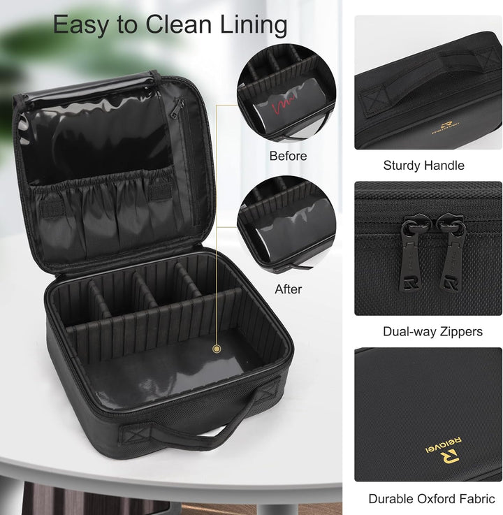 Travel Makeup Train Case Makeup Cosmetic Case Organizer Portable Artist Storage Bag with Adjustable Dividers for Cosmetics Makeup Brushes Toiletry Jewelry Digital Accessories Black