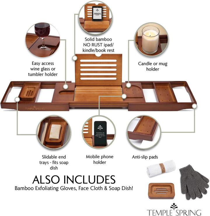 Wooden Bathtub Tray, Bamboo Bathroom Accessories, Bath Tray for Tub, at Home Spa Essentials, Board for Tub Table, Bath Caddy for Bathtub Accessories & Bathroom Essentials – Wood Brown