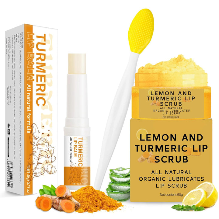 3PCS Turmeric Lemon Lip Scrub and Turmeric Lip Balm with Brush Set, Lip Scrubber Exfoliator, Dark Lips Treatment for Smokers, Natural Exfoliator & Moisturizer Cracked, Dull, Reduce Fine Lines Lips