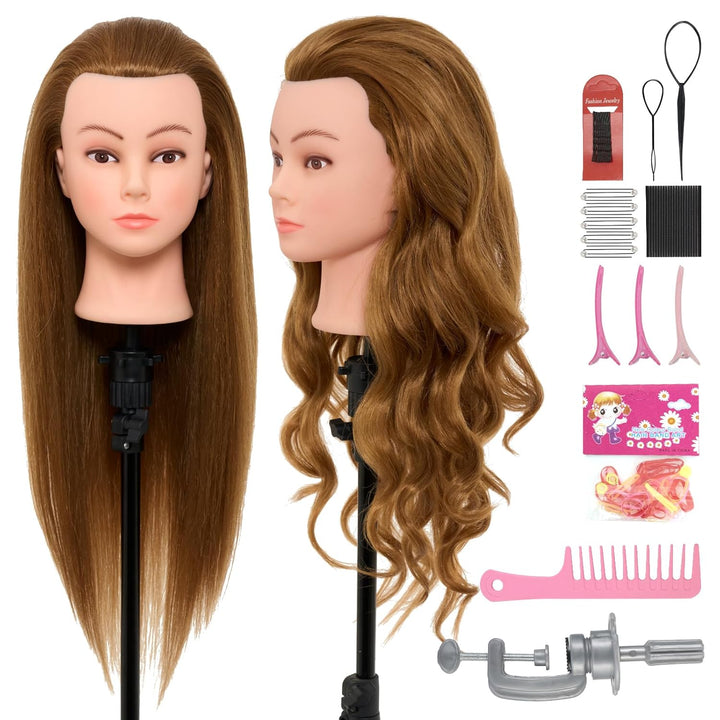 Mannequin Head with 80% Real Human Hair, 28“ Make up Cosmetology Manikin Practice Head with Hair,Braiding Hairdressing Doll Head with Table Clamp + DIY Hair Styling Set Suitable for Hair Extensions
