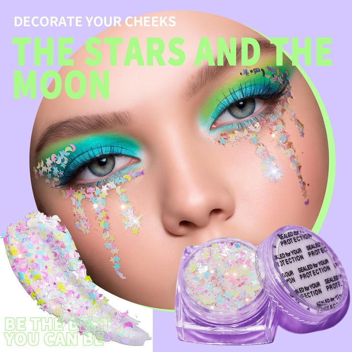 Face Glitter Body Glitter, Clear White Body Glitter Gel, Hair Glitter Gel, 6 Shapes Rave Glitter, Mermaid Sequins Makeup Glitters Face Paint, Chunky Sparkling Glitter Gel for Women