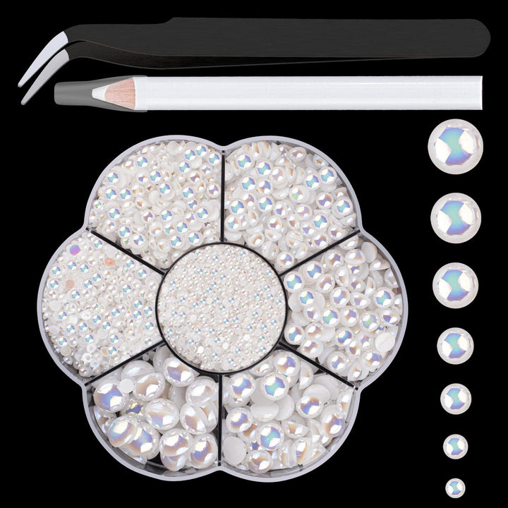 Nail Art Flat Back Half round Pearl Kits 3, Mixed Sizes 6000 Pcs White Small Pearls for Nails with Picking Tools for Graduation Cap Decorations Home DIY Body Face Craft Salon Use
