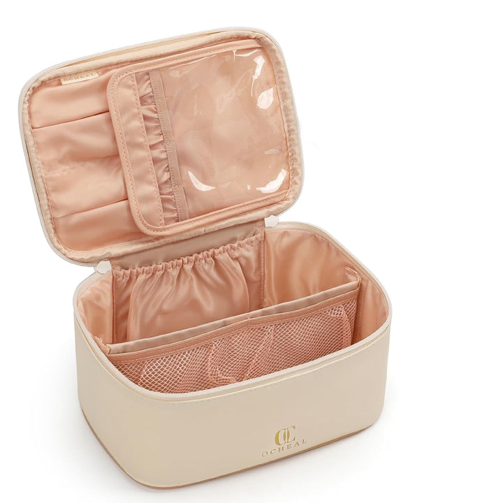 Makeup Bag, Portable Cosmetic Bag, Large Capacity Travel Makeup Case Organizer, Black for Women Toiletry Bag for Girls Traveling with Handle and Divider