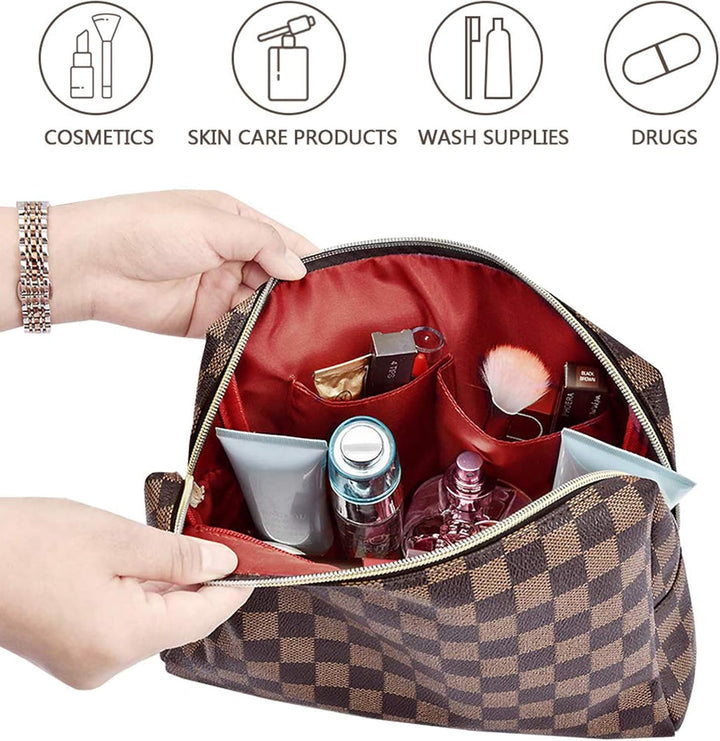 Makeup Bag, Cosmetic Bag, Portable Leather Large Checkered Makeup Bag, 2 Pack Large Capacity Travel Cosmetic Bag for Women, Lightweight Design and Waterproof Toiletries Bag Christmas Gifts