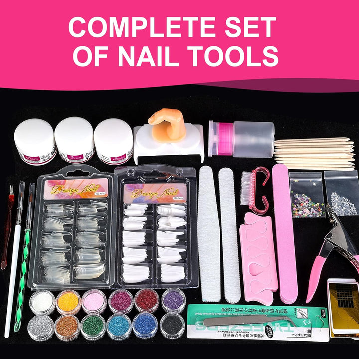 Nail Kit Set Professional Acrylic with Everything, 12 Glitter Acrylic Powder, Tips, Decoration, DIY Nail Art Tools & Supplies for Beginners