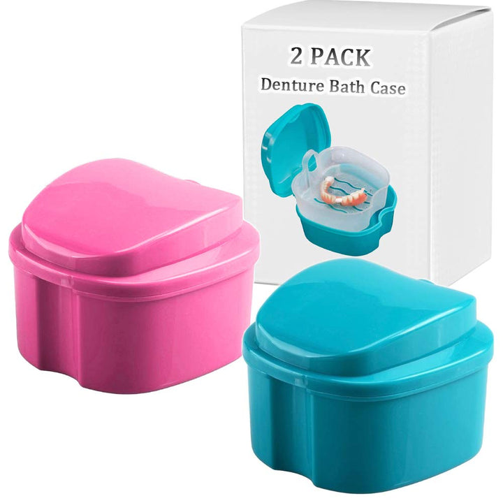 Denture Bath Box Cup, Complete Clean Care for Dentures, Clear Braces, Mouth Guard, Night Guard & Retainers, Traveling (Navy Blue & Blue)