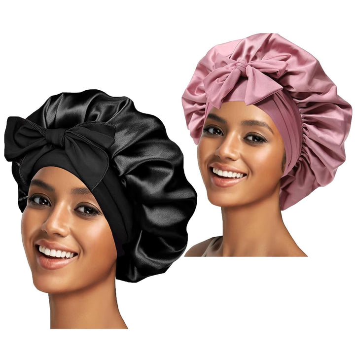 Silk Bonnet Satin Bonnet for Sleeping Large Bonnets with Tie Band Hair Wrap with Adjustable Straps Hair Cap for Women Curly Black