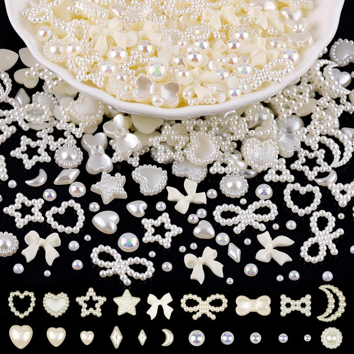 1200Pcs 3D Multi Shapes Nail Charms and Flatback Pearls, White&Pink Mix Styles Heart Star Bow Sunflower Embellishments for Nail Art, Craft and Decoration with Tweezer and Pickup Pencil