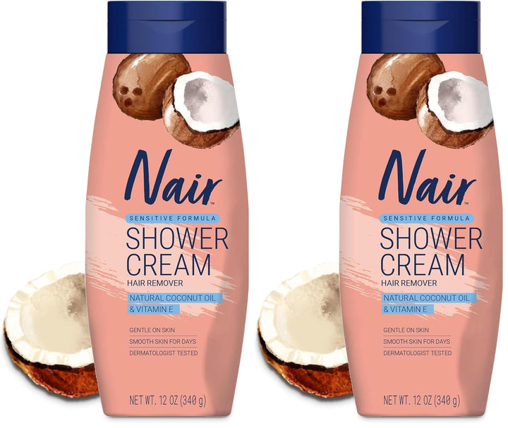 Sensitive Shower Cream Hair Remover with Natural Coconut Oil and Vitamin E, Body Hair Removal Cream, 12 Oz