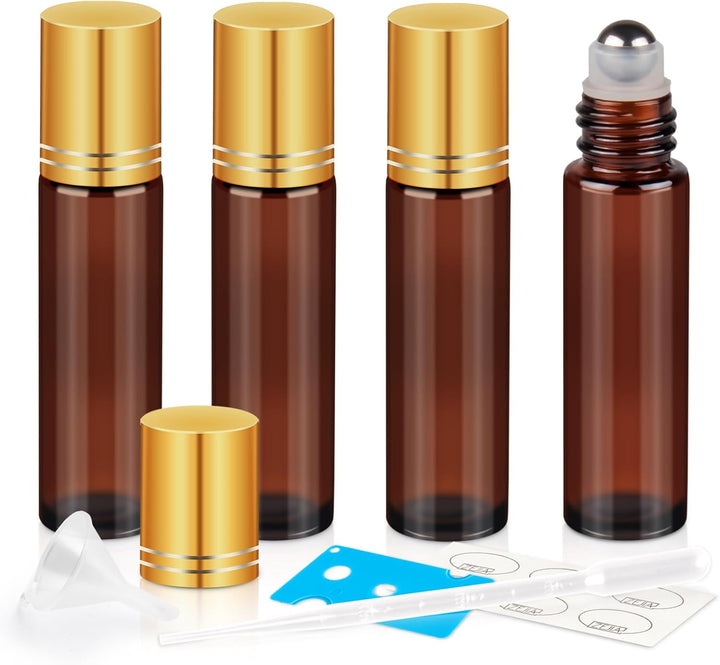 10Ml Roller Bottles for Essential Oils, 4 Pack Glass Roll on Bottles, Refillable Perfume Bottle, with Stainless Steel Roller Balls, 2 Droppers, 1 Opener, Labels (Amber)