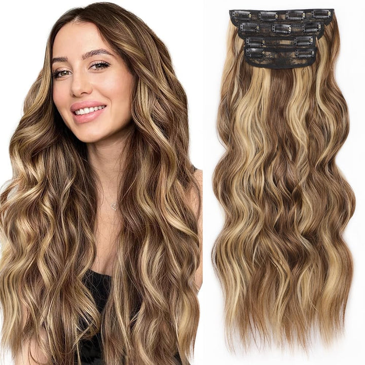 Clip in Long Wavy Synthetic Hair Extension 24 Inch Black 4PCS Thick Hairpieces Fiber Double Weft Hair for Women