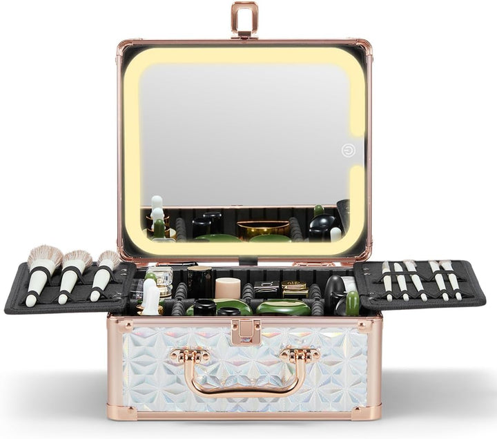 Makeup Box with a Detachable Lighted Mirror, Waterproof Travel Train Case, Cosmetic Organizer and Makeup Suitcase with Adjustable Dividers, Magnetic LED Mirror (Black)