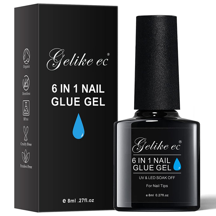 Gel Nail Glue for Press on Nails: 6 in 1 Strong UV Nail Glue for Nail Tips and Acrylic Fake Nail - Long Lasting 28 Days Quick Dry - Beginner Friendly DIY for Home Salon