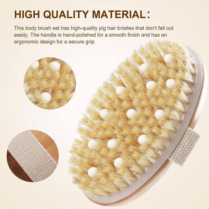 Dry Brushing Set - Natural Boar Bristle Body & Face Brush, Wooden Long Handle Scrub Brush for Cellulite & Lymphatic Drainage, Detachable, 3 Brush Heads