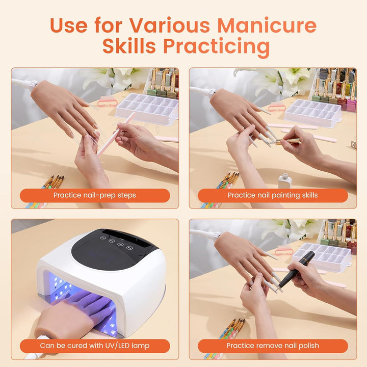 Practice Hand for Acrylic Nails: Realistic Silicone Nail Hand Practice with Tattoo Stickers - Flexible Fake Hand Mannequin Nail Hand Kit for Beginners