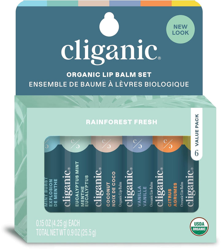 Organic Lip Balm Set (6 Flavors) - 100% Natural Hydrating, Moisturizing for Dry Cracked Lips, for Men & Women