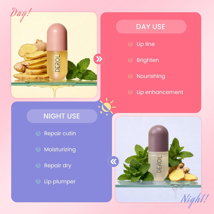 DEROL Lip Plumper by , Natural Lip Plumper and Lip Care Serum, Lip Enhancer for Fuller, Lip Mask, Beautiful Fuller, Hydrating & Reduce Fine Lines 5.5ML (Day& Night)