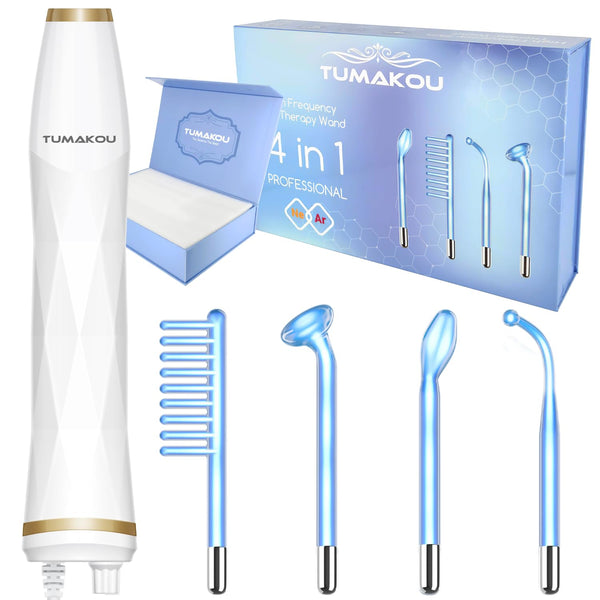 High Frequency Facial Device -  Blue High Frequency Facial Wand - Portable High Frequency Machine with 4 Fusion Neon + Argon Wands