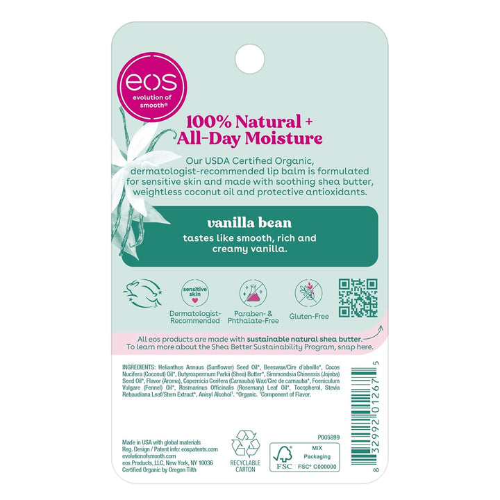 100% Natural & Organic Lip Balm Sticks - Vanilla Bean, All Natural Lip Balm, All-Day Moisture, Dermatologist Recommended, 0.14 Oz, 2-Pack