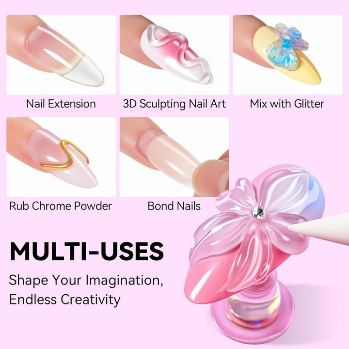 3D Gel Nail Art: Clear Solid Builder Nail Gel 4 in 1 Non-Sticky for Extension UV Glue for Acrylic Nails Rhinestones 3D Sculpting Hard Gels UV/LED Lamp Required 15Ml