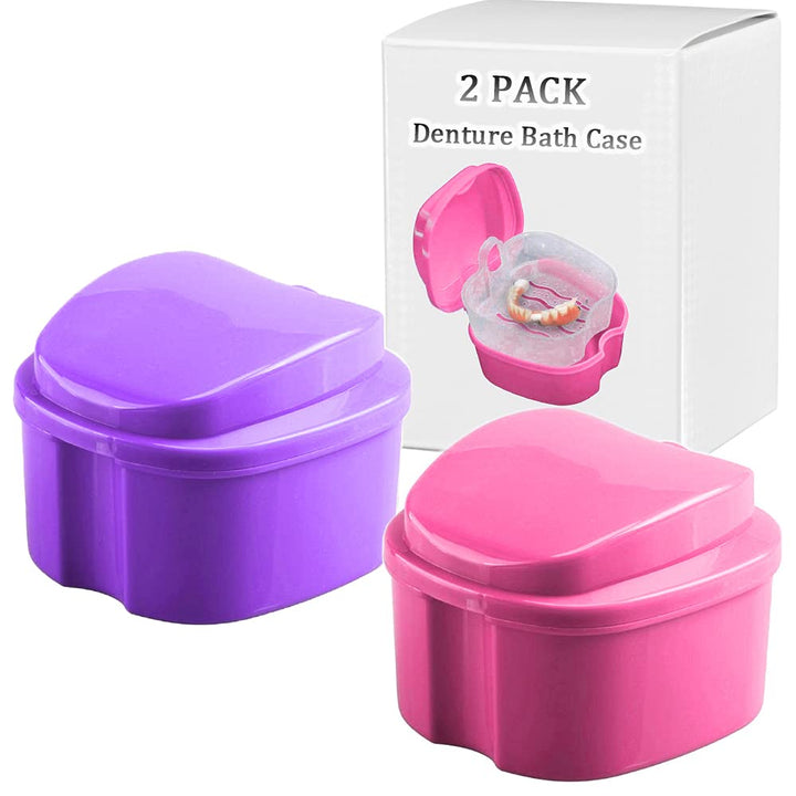 Denture Bath Box Cup, Complete Clean Care for Dentures, Clear Braces, Mouth Guard, Night Guard & Retainers, Traveling (Navy Blue & Blue)