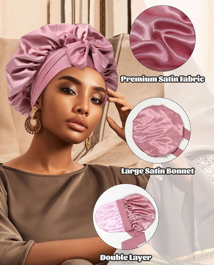 Satin Bonnet for Sleeping Cap Double Layer Hair Bonnet with Elastic Tie Band for Curly Hair Night Cap (Bean Paste + Pink)