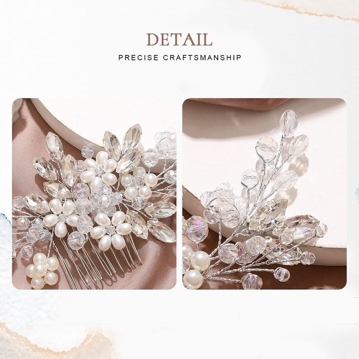 Bride Wedding Hair Comb Pearl Flower Hair Piece Rhinestone Bridal Hair Accessories for Women HC034 (Silver)