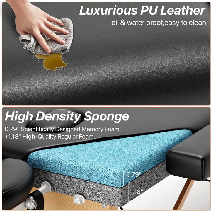 Memory Foam Massage Table Premium Portable Foldable Massage Bed Height Adjustable, 84 Inches Long 28 Inchs Wide Home Salon Spa Bed Tattoo Table with Accessories &Carrying Case, Easy Set Up