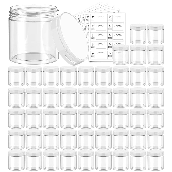 50 Pack 4 OZ Plastic Jars round Clear Cosmetic Container with Black Lids,  Slime Jars for Lotion, Cream, Ointments, Makeup, Eye Shadow, Rhinestone, Samples, Pot, Travel Storage
