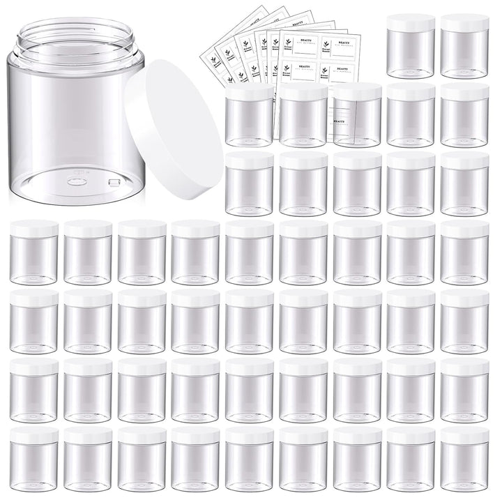 50 Pack 4 OZ Plastic Jars round Clear Cosmetic Container with Black Lids,  Slime Jars for Lotion, Cream, Ointments, Makeup, Eye Shadow, Rhinestone, Samples, Pot, Travel Storage