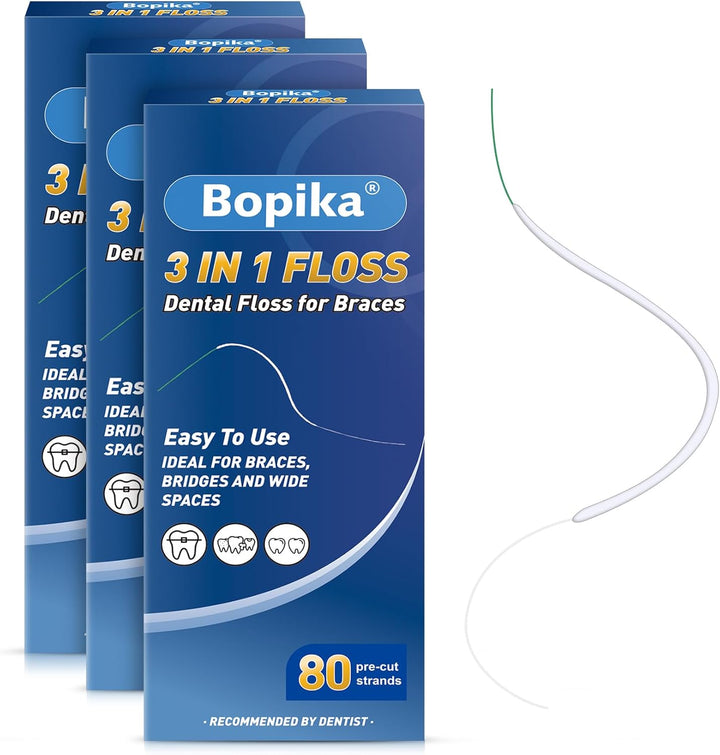 Dental Floss for Braces, 3 in 1 Ultimate Floss, Floss Threaders for Bridges and Implants, 80 Pre-Cut Strands (Pack of 2)