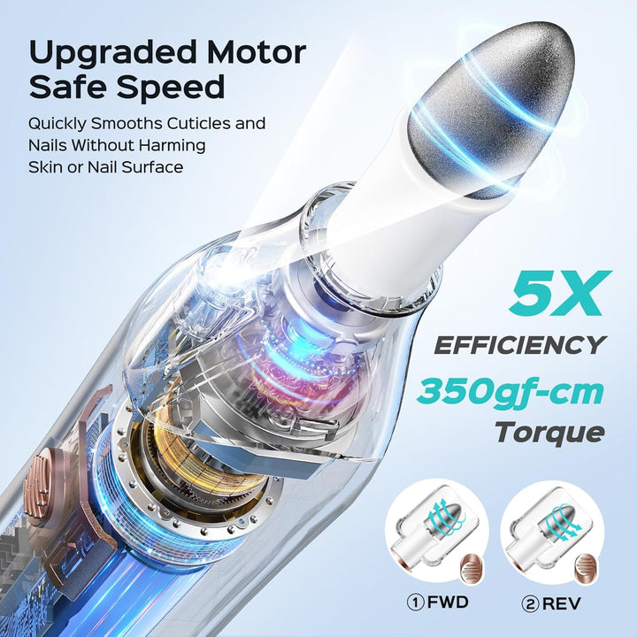 Professional Manicure Pedicure Kit, 5-In-1 Electric Nail File for Toenail Hand Feet Care - Wider Grinder for Thick Nails, Cordless, 5 Speed, for Men Women Seniors Home Salon, White, C43(END10)