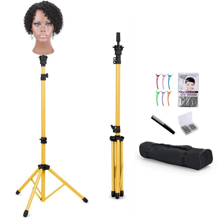 Reinforced Wig Stand Tripod Mannequin Head Stand, Adjustable Holder for Cosmetology Hairdressing Training with T-With Caps, T-Pins, Comb, Hair Clip, Carrying Bag
