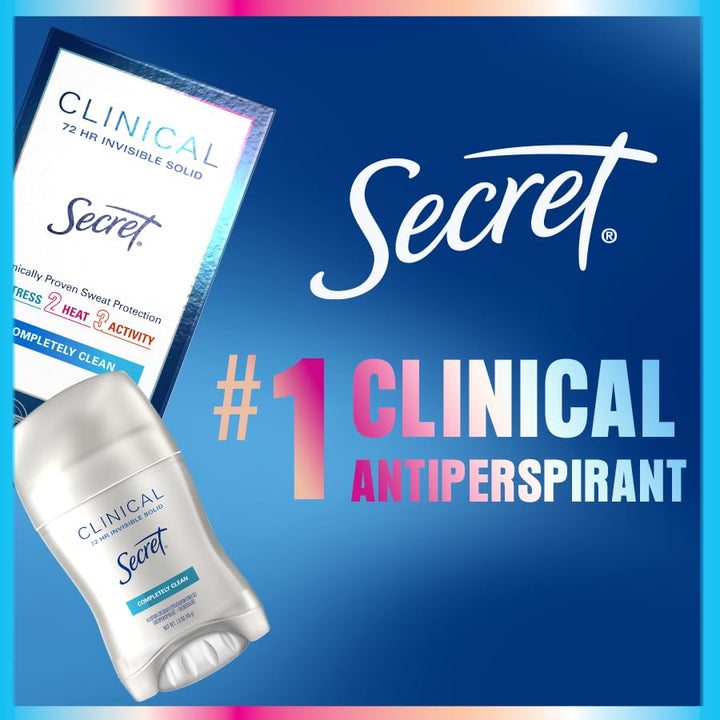 Clinical Strength Antiperspirant Deodorant for Women, 3X Stress Protection, 72Hr Sweat & Odor Protection, PH Balancing Minerals, Invisible Solid, Completely Clean Scent, 2.6 Oz