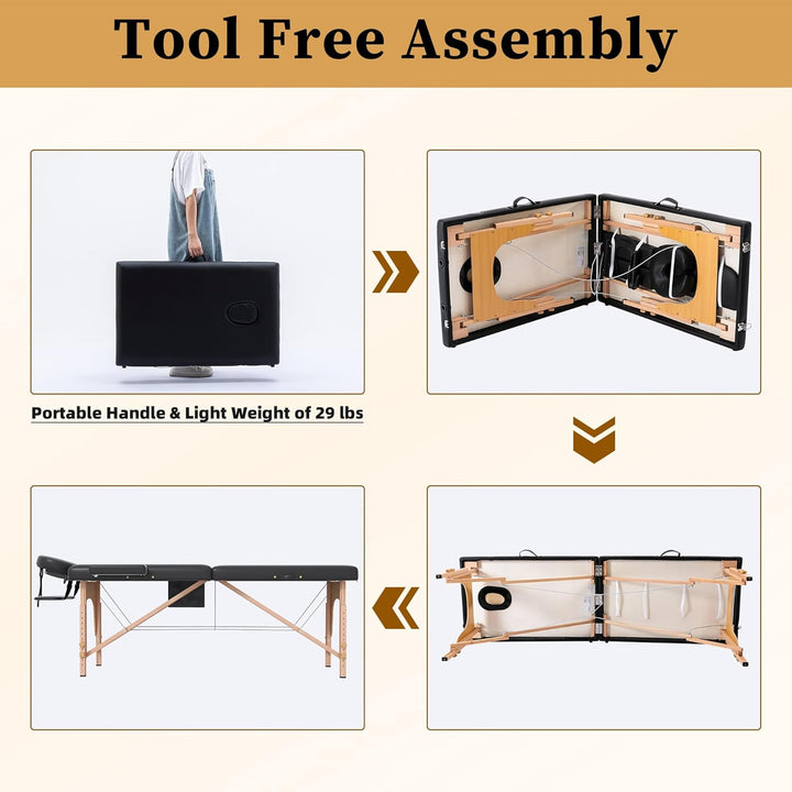 Massage Table Massage Bed Portable, 29 Lbs Light Weight 2 Section Foldable Tattoo Bed Facial Care Spa Lash Bed Height Adjustable Sturdy Wooden Frame with Accessories Carrying Bag, Black