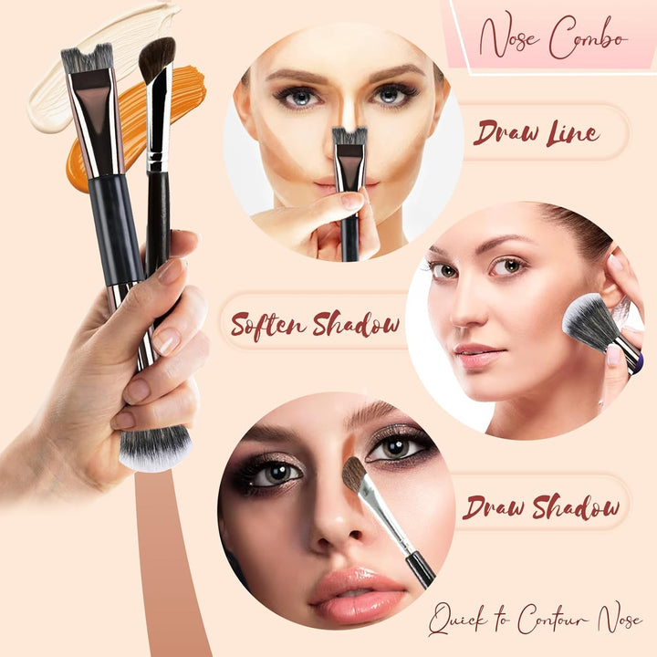 2PCS Nose Contour Brushes, 2-In-1 U-Shaped Brush and Fluffy Brush, Angled Tilt Brush, Nose Brushes Set for Nose Sculpting and Defining