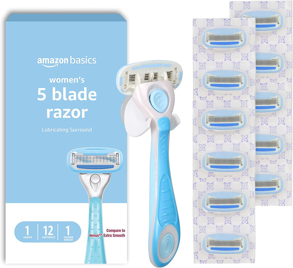 5-Blade Razor Handle for Women, Includes 12 Cartridges and Shower Hanger, 14 Piece Set, Blue