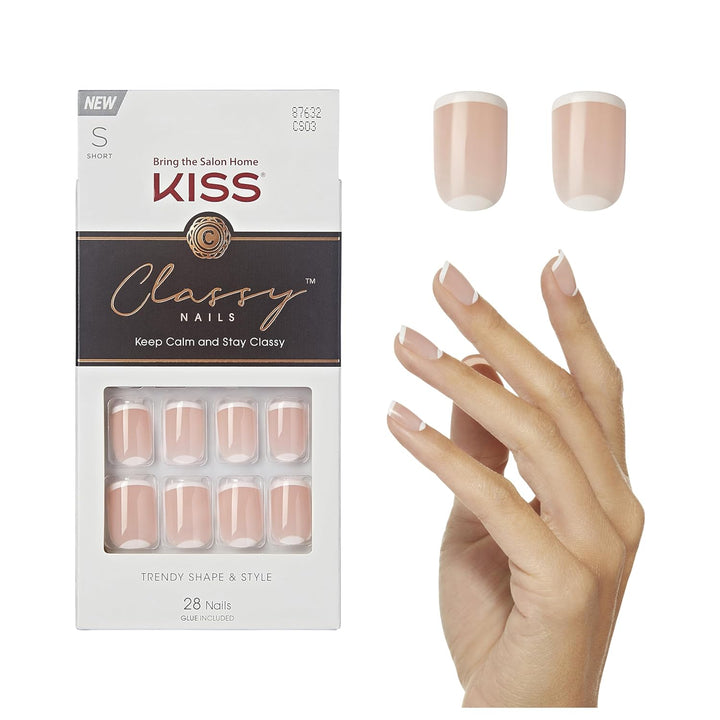 Classy, Press on Nails, Nail Glue Included, 'Dashing', Light White, Medium Size, Almond Shape, Includes 28 Nails, 2G Glue, 1 Manicure Stick, 1 Mini File