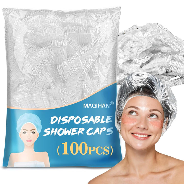 100 Disposable Shower Caps Unisex - Large Plastic Hair Caps for Deep Conditioning Shower Cap Reusable Waterproof for Women Men Hair Treatment Bath Cap for Long Hair Travel Essentials