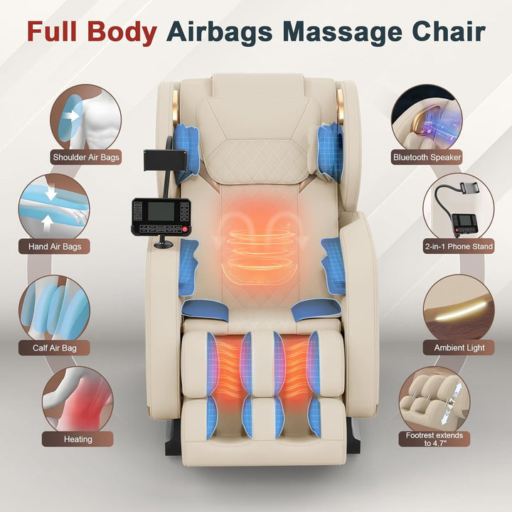2025 Massage Chair, Massage Chairs Full Body and Recliner with 10 Fixed Points, Zero Gravity, Wood Grain Leather, Foot Massage, Airbags, Lumbar Heating, Bluetooth and Control Screen (Creamy White)