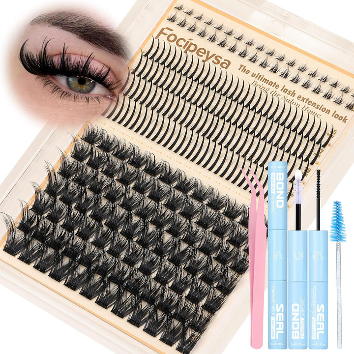 Lash Extension Kit Thick Eyelash Extension Kit 10-18Mm Fluffy Lash Clusters 200D Individual Eyelashes Kit with Lash Bond, Lash Remover, Lash Applicator, DIY Lashes Extension